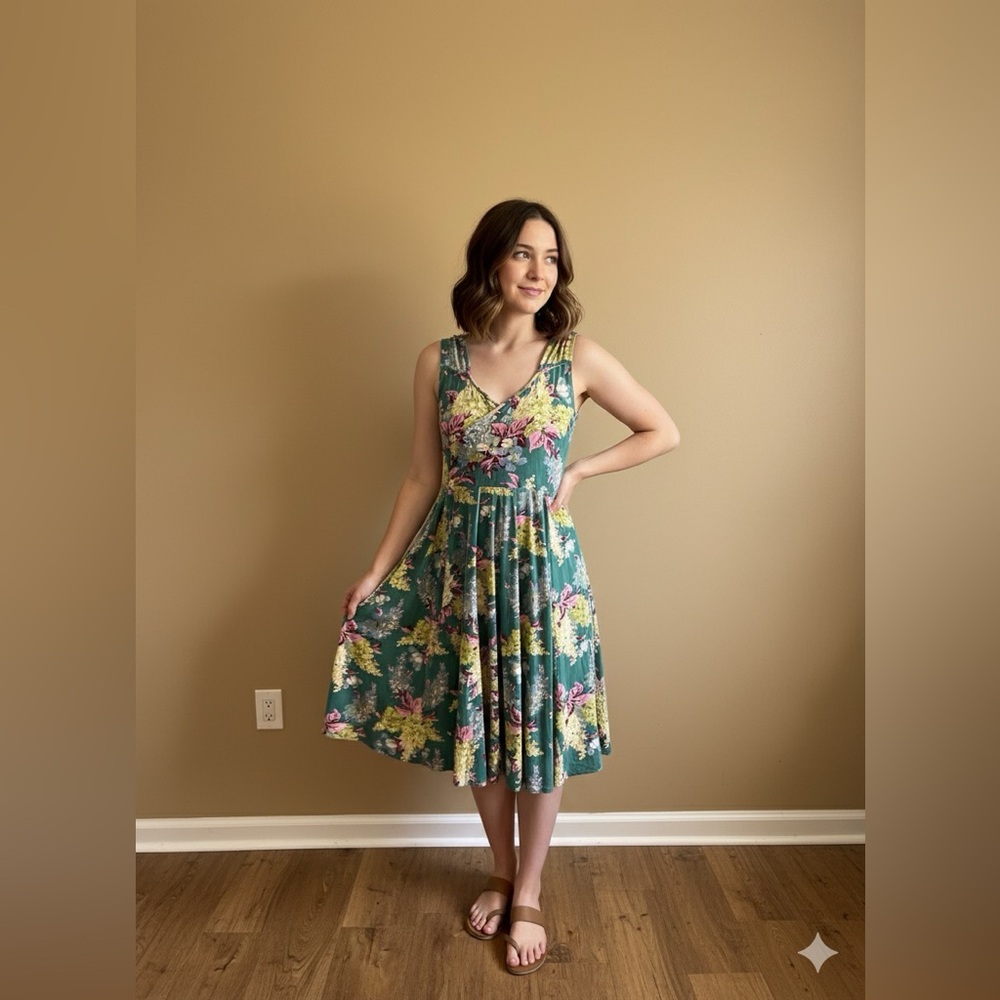 Effie's Heart Teal Floral V-Neck Fit & Flare Midi Dress